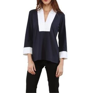 Hinson Wu Tiffany 3/4 Sleeve Pleated Woven Trimmed Polo Size XS